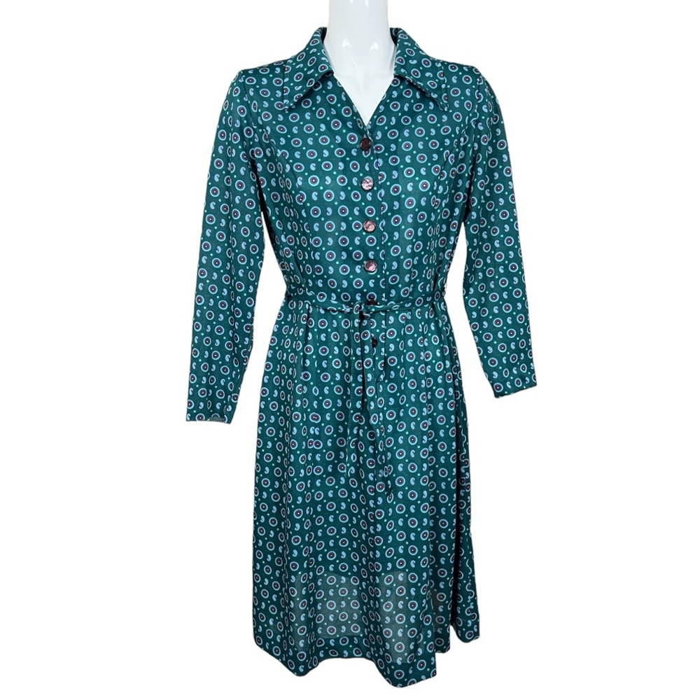 Vintage Three R’s Retro Teal 1/2 Button Down Printed Polyester Dress 18.5/XL